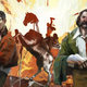 Disco Elysium art shows its cop protagonists walking away from a broken monument.